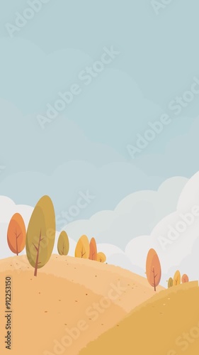 Autumn forest trees with falling leaves and cloudy blue sky wilderness illustration vertical looping animation abstract background