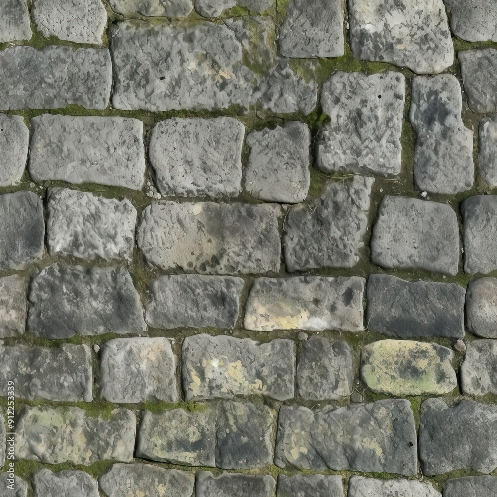 Grey Old Stone Pavement Top View, Granite Cobblestone Road, Green Moss, Wet Surface Grey Old Stone Pavement Top View, Granite Cobblestone Road, Green Moss, Wet Surface