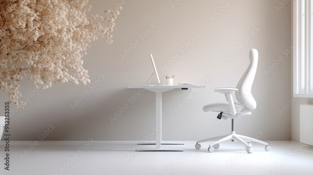 Modern and Minimalistic White Office with Standing Desk and Healthy Work Environment Modern and Minimalistic White Office with Standing Desk and Healthy Work Environment