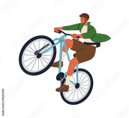 Happy young man riding bicycle, performing extreme trick on bike, front wheel hop. Cool cyclist in helmet. Bicyclist, cycling, sport activity. Flat vector illustration isolated on white background