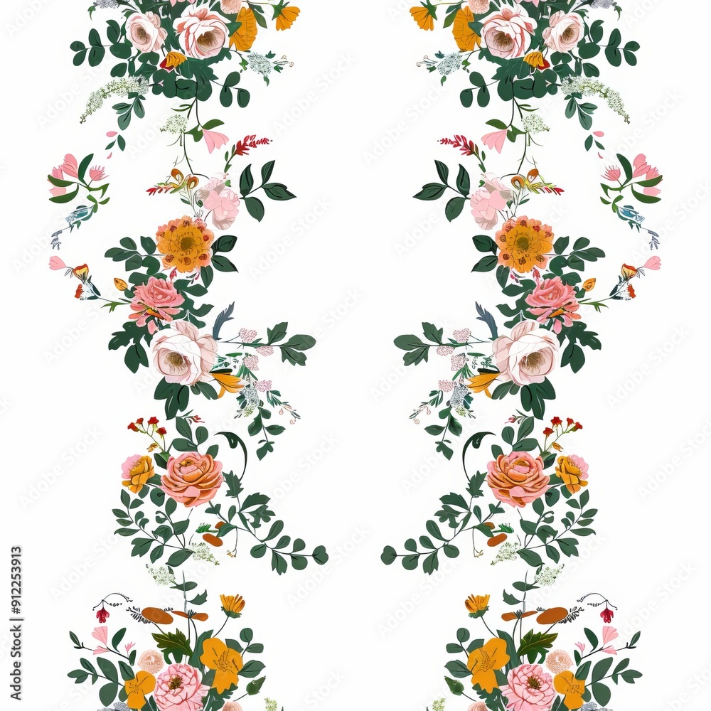 Obraz premium Seamless pattern of floral bouquets and garlands