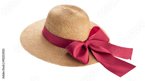 Pretty straw hat with ribbon and bow on white background. Beach hat top view isolated