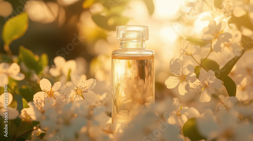 Crystal Vial Filled with Kakadu Plum Extract Amidst Blooming Flowers and Soft Sunlight - Skincare Essential photo