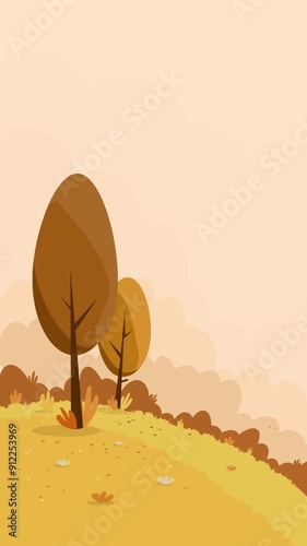 Trees with falling leaves and orange sky in autumn forest wilderness illustration vertical looping animation abstract background