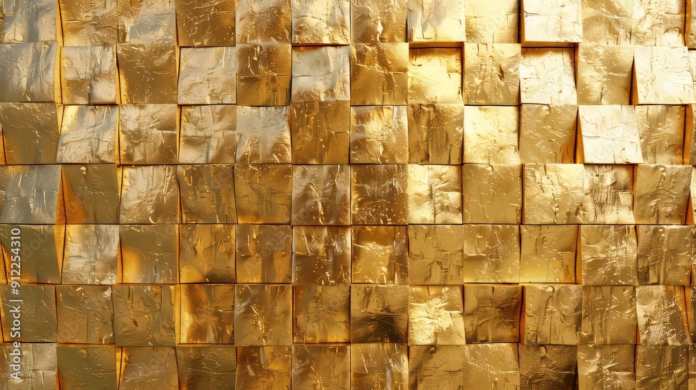 Gold foil square textured background with light reflections. Golden textured wall. 3D rendering. Gold foil square textured background with light reflections. Golden textured wall. 3D rendering.