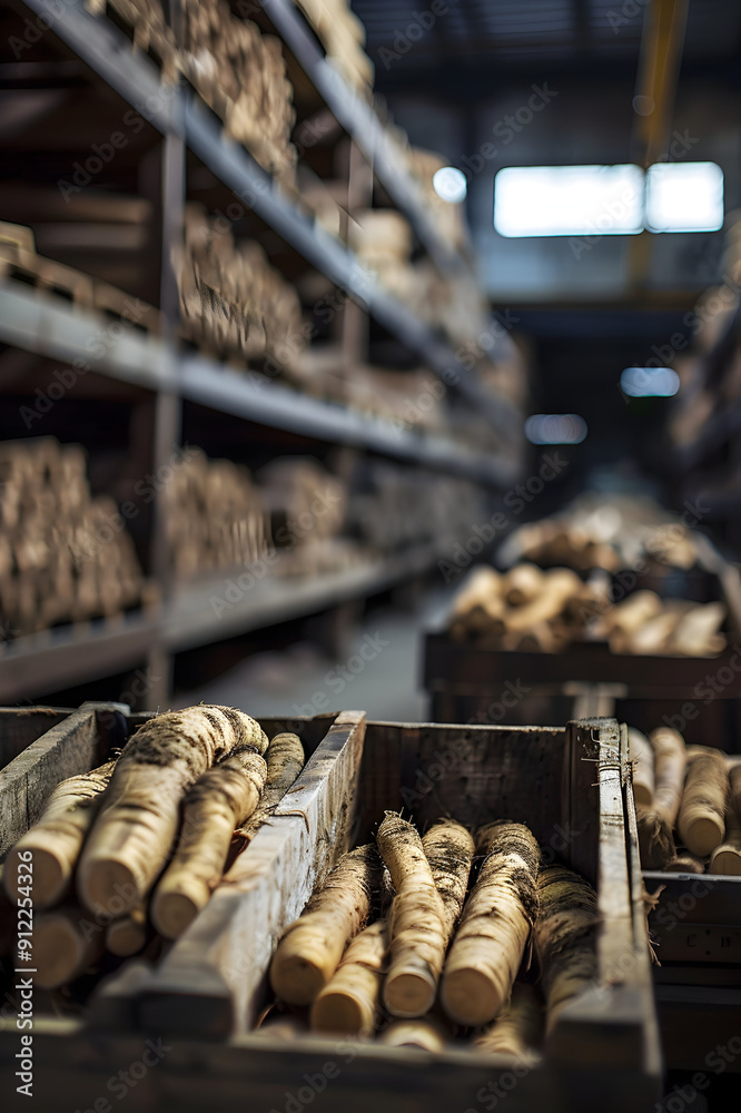 Horseradish root harvested in wooden boxes in a warehouse. Natural organic fruit abundance. Healthy and natural food storing and shipping concept. Horseradish root harvested in wooden boxes in a warehouse. Natural organic fruit abundance. Healthy and natural food storing and shipping concept.
