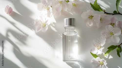 Radiant Kakadu Plum Extract in a Crystal Vial Surrounded by Delicate Blooming Flowers and Gentle Sunlight photo