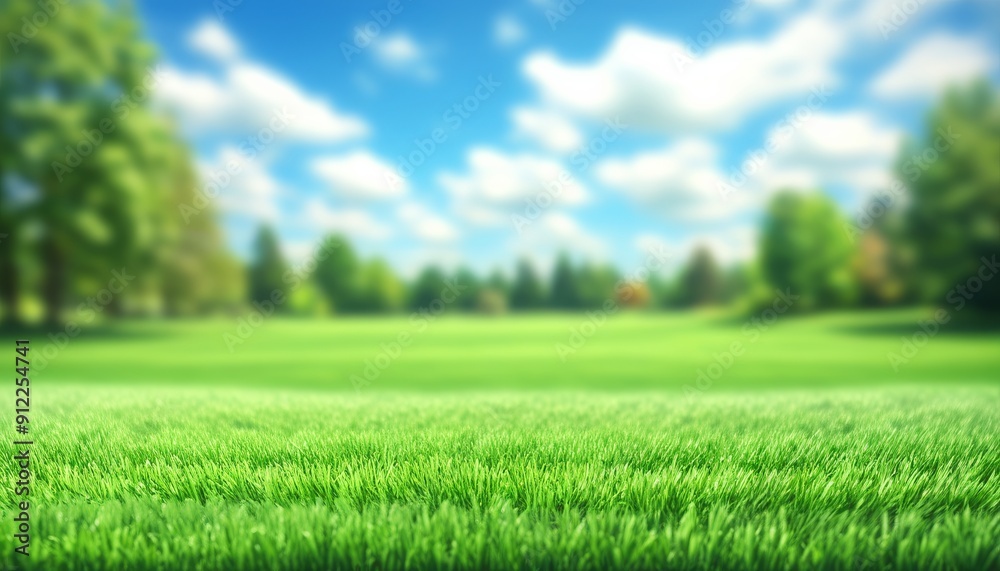 Obraz premium Lush green grass stretches across the field, framed by trees under a clear blue sky dotted with white clouds
