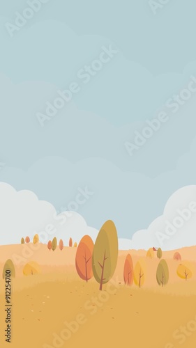 Trees with falling leaves and cloudy blue sky in autumn forest wilderness illustration vertical looping animation abstract background