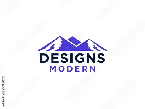 Abstract Mountain Logo with Snow Waves. Blue Square Shape with Negative Space Mount Silhouette isolated on White Background.