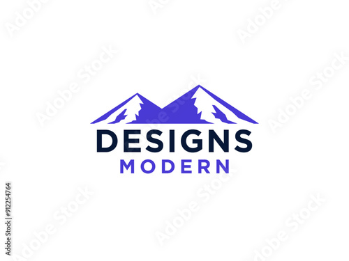 Abstract Mountain Logo with Snow Waves. Blue Square Shape with Negative Space Mount Silhouette isolated on White Background.
