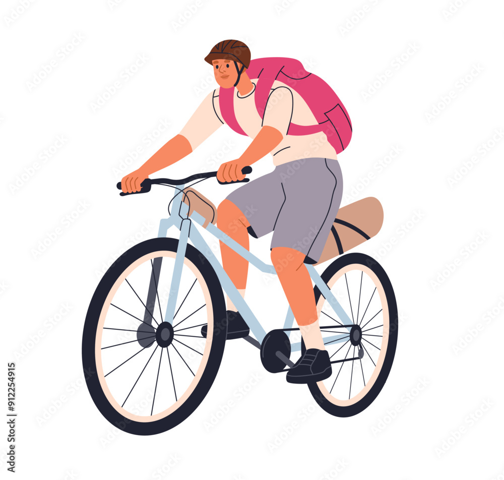 Man cycling with backpack. Happy male tourist, bike ride, enjoying travel, adventure, outdoor trip. Person traveler in helmet on bicycle. Flat vector illustration isolated on white background Man cycling with backpack. Happy male tourist, bike ride, enjoying travel, adventure, outdoor trip. Person traveler in helmet on bicycle. Flat vector illustration isolated on white background