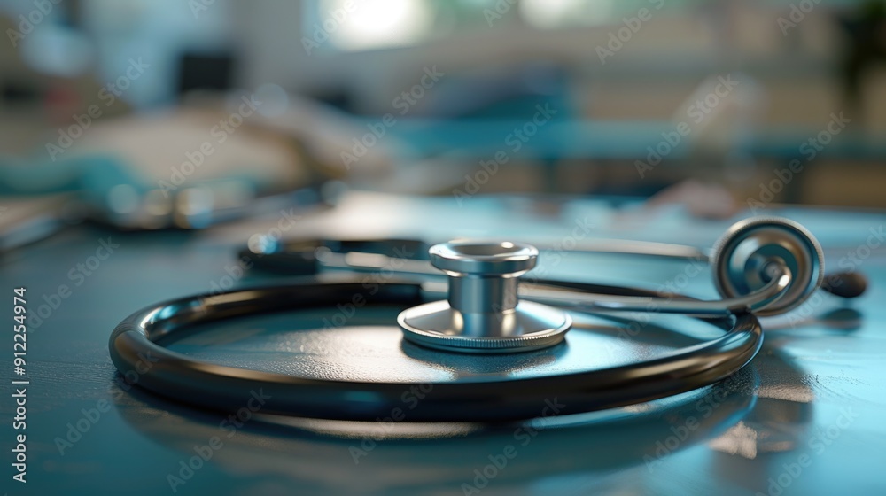 A detailed view of a medical instrument used for listening to heartbeat and internal sounds, placed on a flat surface A detailed view of a medical instrument used for listening to heartbeat and internal sounds, placed on a flat surface