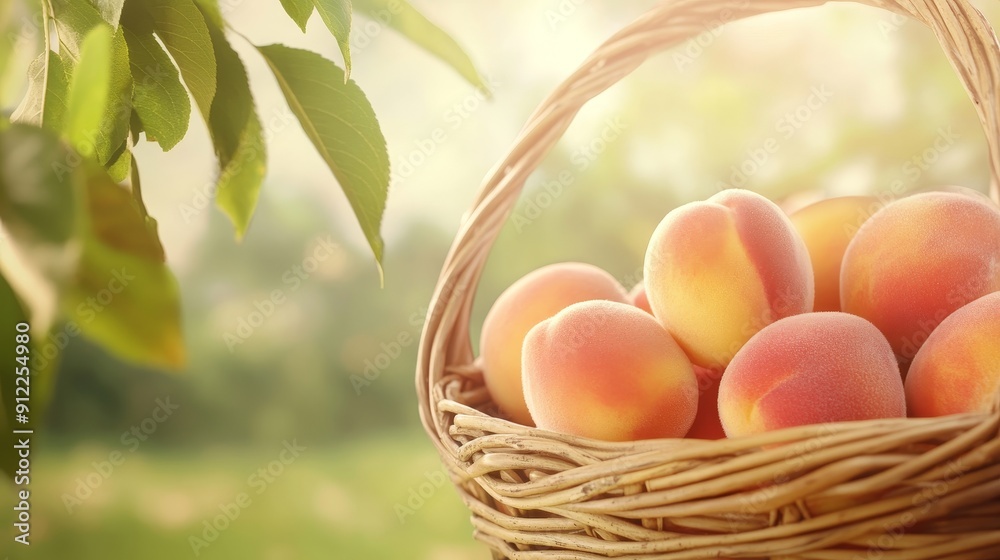 Freshly picked peaches in a wicker basket, soft sunlight filtering through leaves, a countryside background, capturing a farm-fresh vibe Freshly picked peaches in a wicker basket, soft sunlight filtering through leaves, a countryside background, capturing a farm-fresh vibe