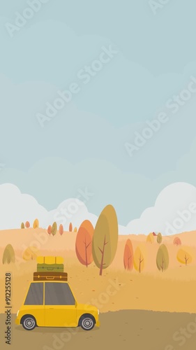 Cartoon car travels in autumn forest with falling leaves and cloudy blue sky wilderness illustration vertical looping animation abstract background