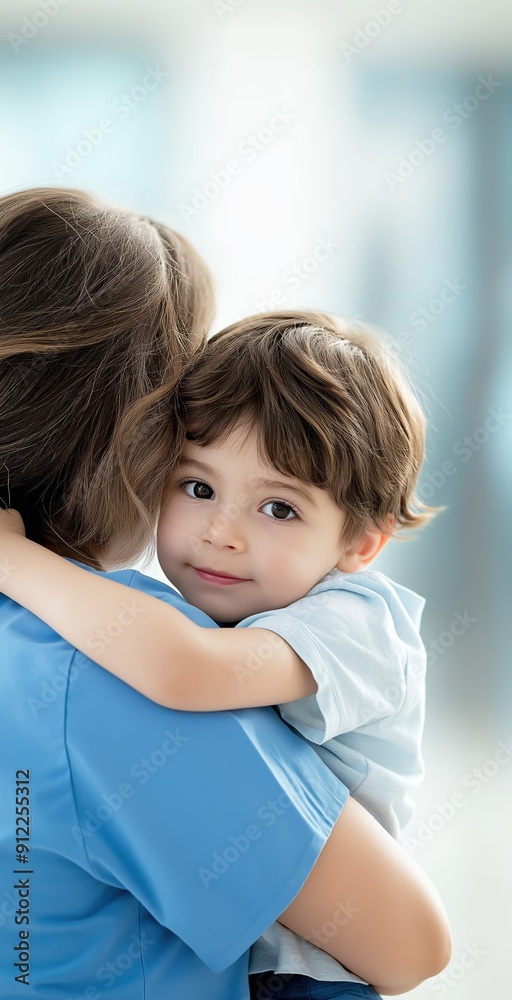 Pediatric nurse comforting child before medical procedure, pediatric care, patient comfort