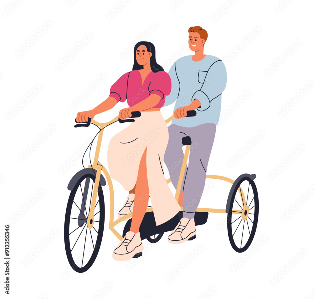 Happy love couple cycling together on tandem bike. Young romantic people enjoying ride on twin bicycle. Active man and woman, family travel. Flat vector illustration isolated on white background