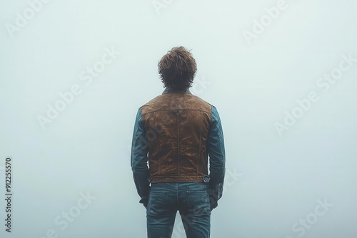 contemplative denimclad figure rear view of man gazing upward arms slightly raised clean white background emphasizes solitary pose evoking introspection and aspiration photo