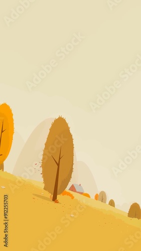 Journey to the top of the mountain with trees and falling leaves in autumn forest wilderness illustration vertical looping animation abstract background