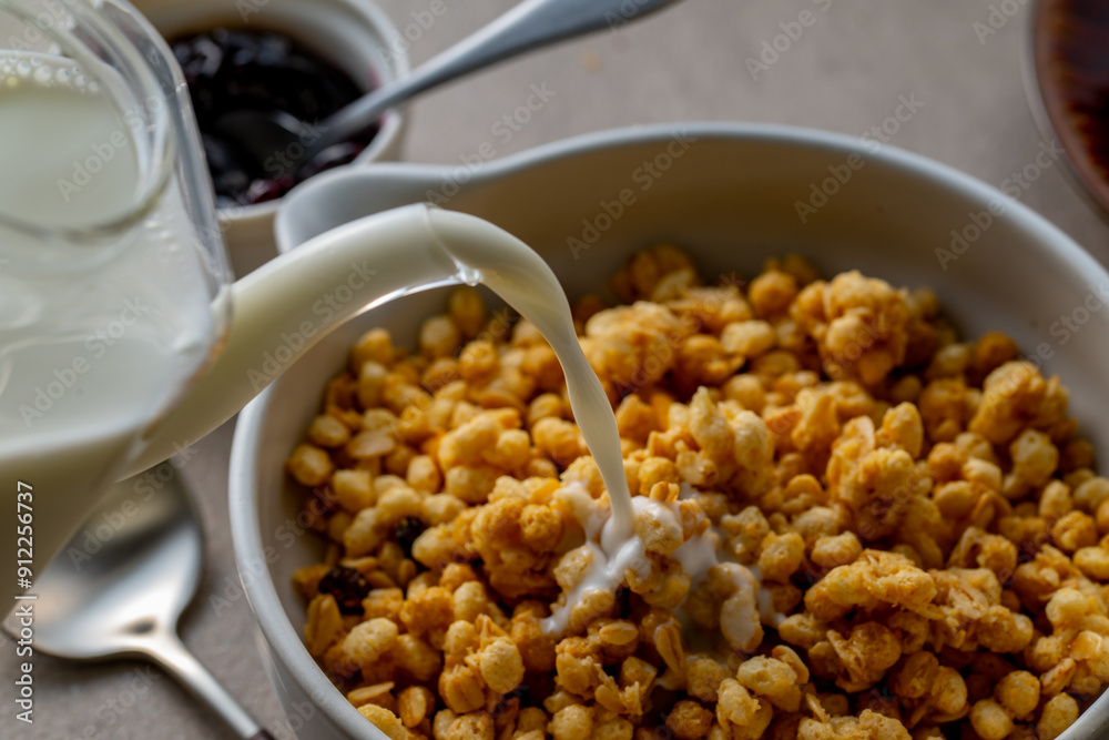 Milk and granola.
Breakfast image.
Milk and granola.
Breakfast image.