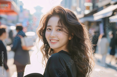 a beautiful woman with medium length hair and a happy smile. She is holding a hat to the side in her hand and posing for a photo at a street corner photo