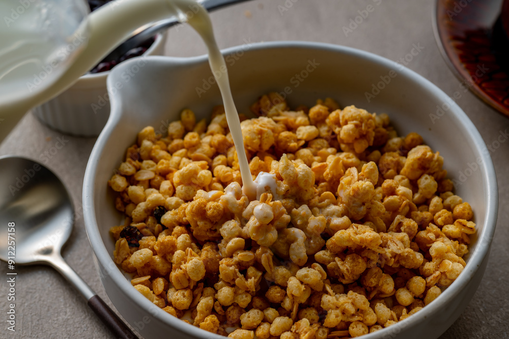 Milk and granola.
Breakfast image.
Milk and granola.
Breakfast image.
