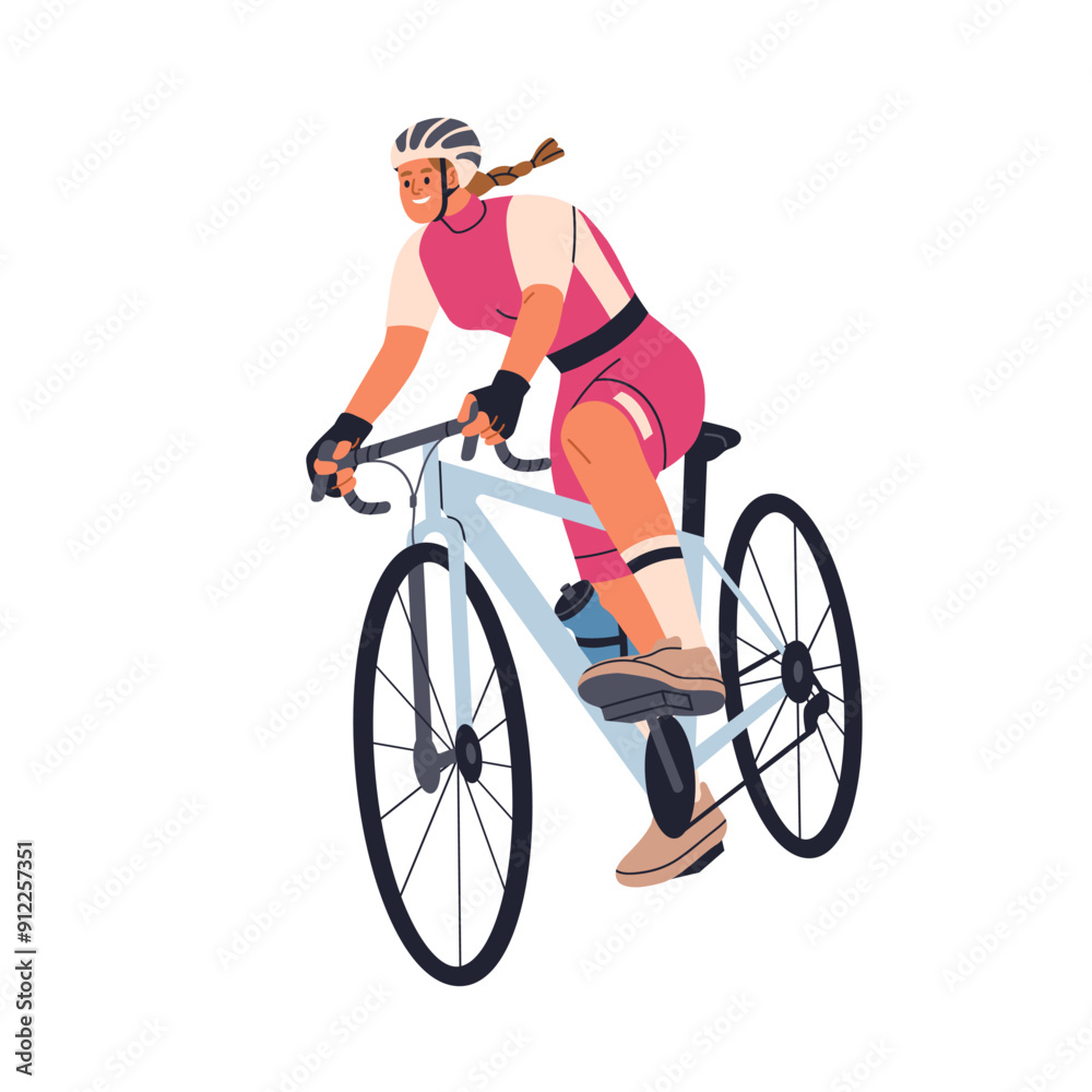 Obraz premium Woman athlete cycling. Happy young female cyclist in helmet and sportswear, riding bike. Professional biker in action, enjoying extreme activity. Flat vector illustration isolated on white background