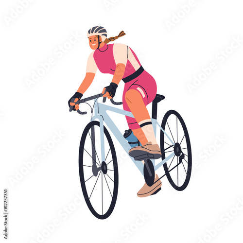 Woman athlete cycling. Happy young female cyclist in helmet and sportswear, riding bike. Professional biker in action, enjoying extreme activity. Flat vector illustration isolated on white background