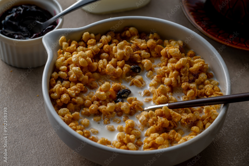 Milk and granola.
Breakfast image.
Milk and granola.
Breakfast image.