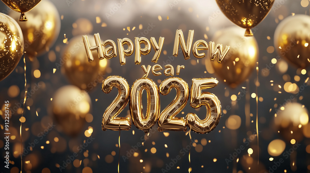 Plakat Obraz Gold Happy New Year 2025 message balloons with decoration party 40x22.2 cm