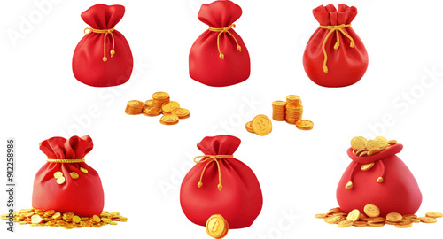 3D icon set of a red lucky bag with gold coins on a white background
