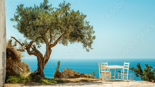 A lonely full of olives tree on a greek coast cliff, old white greek house, old white chairs and table
