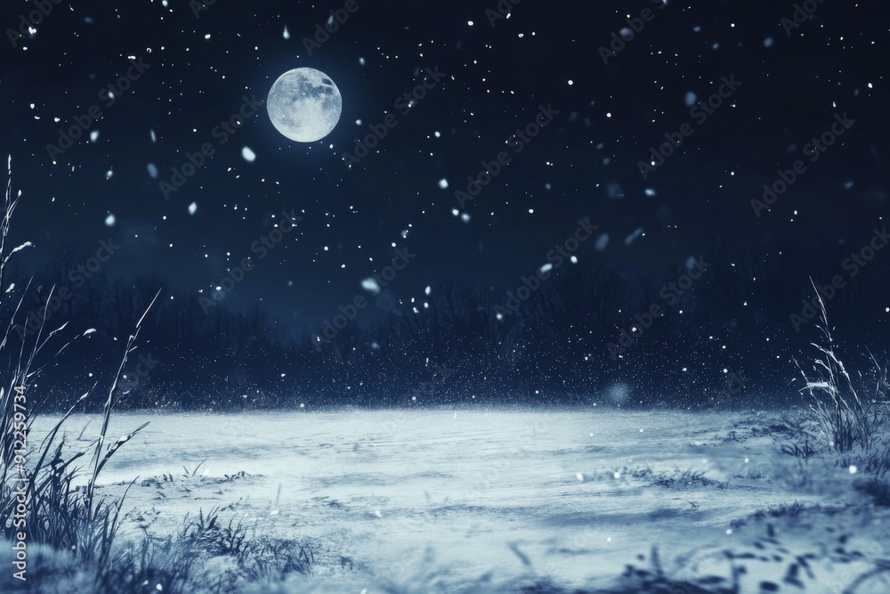 Fototapeta premium Snow's Serenade: An Animated Snow Scene with Tranquil Snowflakes Dancing in the Moonlight