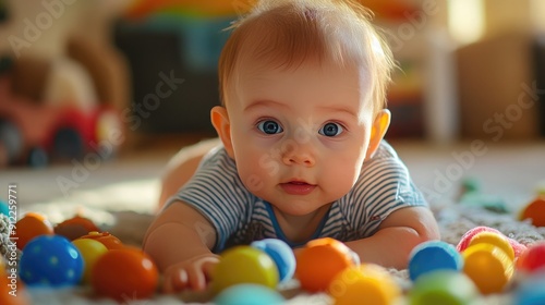 Baby exploring a new environment with fascination, capturing sensory and cognitive growth