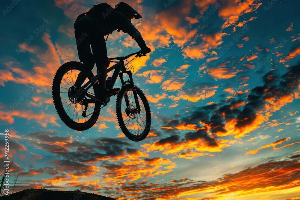 Obraz premium mountain biker in midair jump silhouetted against dramatic sunset sky rugged trail visible below dynamic motion blur on wheels