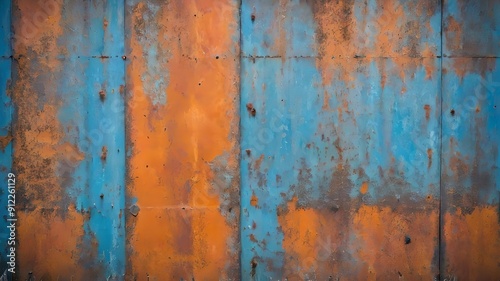 Rusty orange blue steel wall texture. Grunge metal background