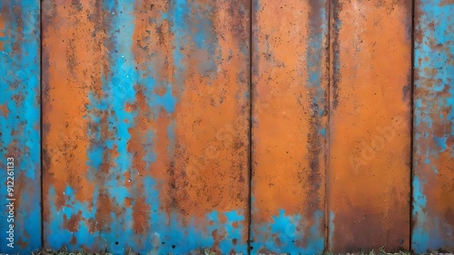 Rusty orange blue steel wall texture. Grunge metal background