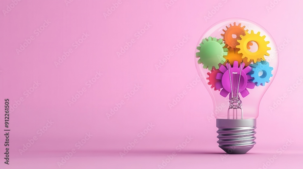 A creative light bulb filled with colorful gears, symbolizing innovative ideas and problem-solving in a vibrant pink backdrop. A creative light bulb filled with colorful gears, symbolizing innovative ideas and problem-solving in a vibrant pink backdrop.
