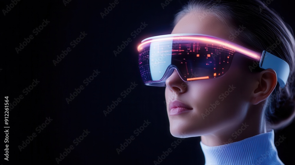 A futuristic individual wearing smart glasses, showcasing advanced technology and innovation against a dark background. A futuristic individual wearing smart glasses, showcasing advanced technology and innovation against a dark background.