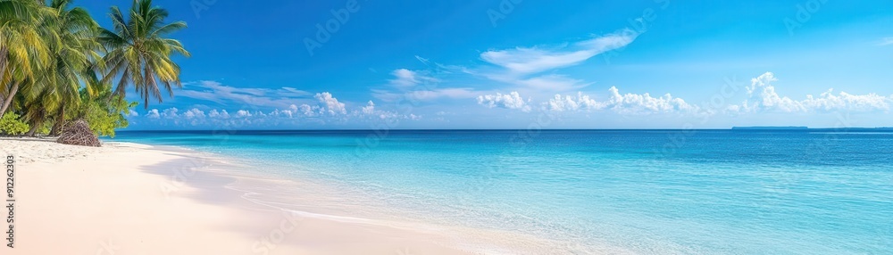 A stunning tropical beach scene featuring clear water, white sand, and palm trees under a bright blue sky. A stunning tropical beach scene featuring clear water, white sand, and palm trees under a bright blue sky.