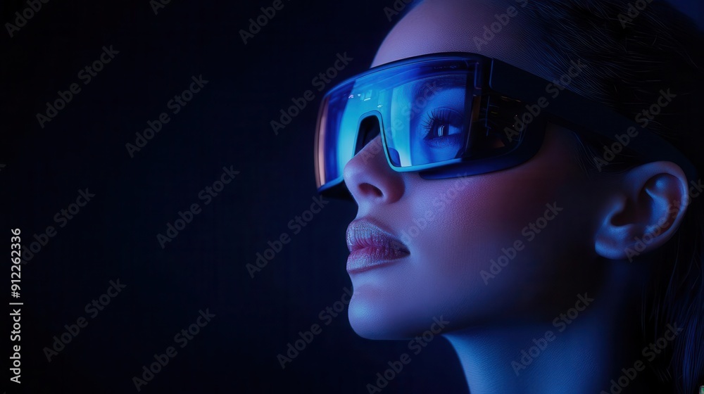 A stylish woman wearing futuristic blue-tinted glasses, set against a dark background. Perfect for tech and fashion themes. A stylish woman wearing futuristic blue-tinted glasses, set against a dark background. Perfect for tech and fashion themes.