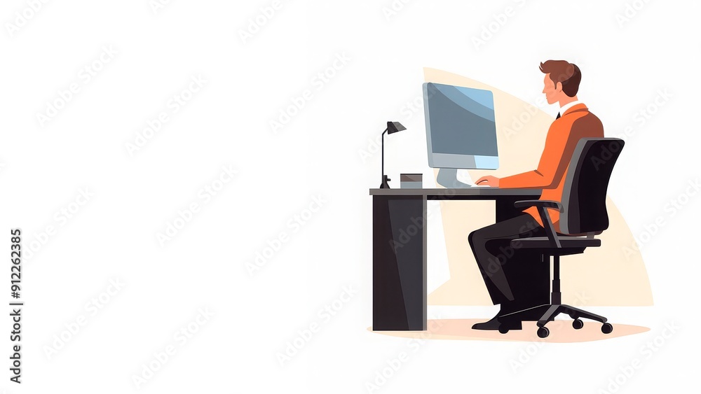 Businessman working on a laptop at a desk with plants, in a modern office setting. Ideal for depicting professional work environments, remote work, HR materials, and freelance or employment-related Businessman working on a laptop at a desk with plants, in a modern office setting. Ideal for depicting professional work environments, remote work, HR materials, and freelance or employment-related