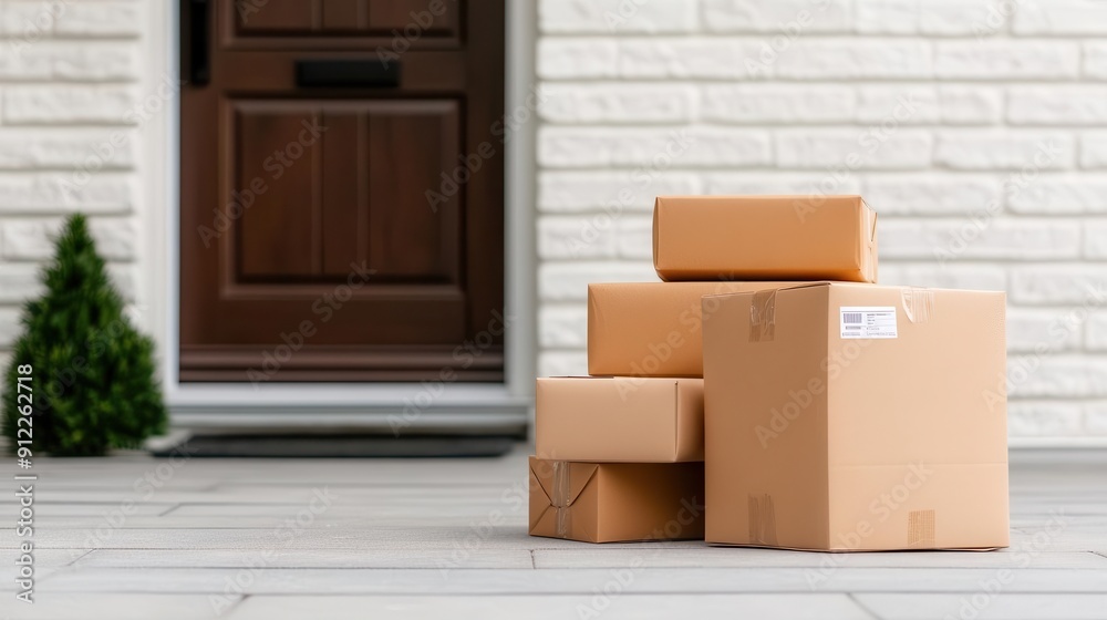 Brown cardboard boxes stacked near a front door, symbolizing home delivery and e-commerce shopping convenience. Brown cardboard boxes stacked near a front door, symbolizing home delivery and e-commerce shopping convenience.