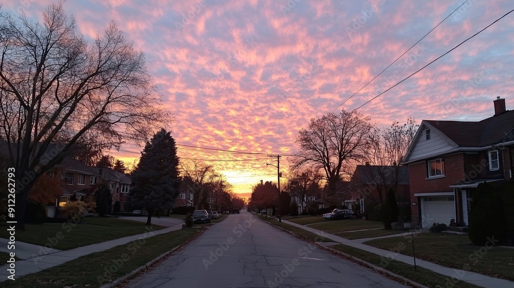 Fototapeta premium Suburban Street at Sunset with Pink Clouds and Bare Trees