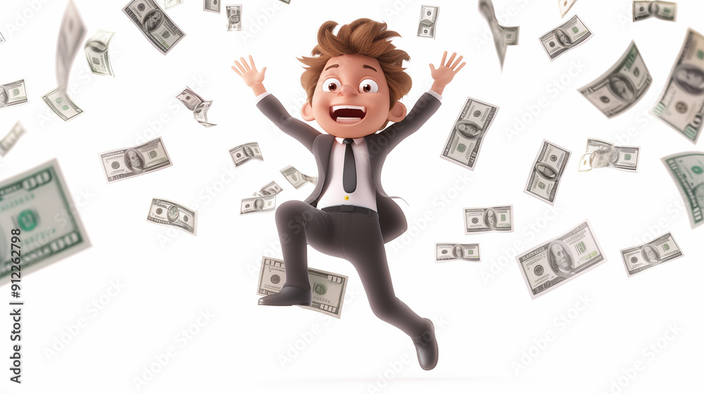 Stylized 3D Cartoon Man in Formal Suit Floating with Money Cash on Isolated White Background - Financial Theme Render