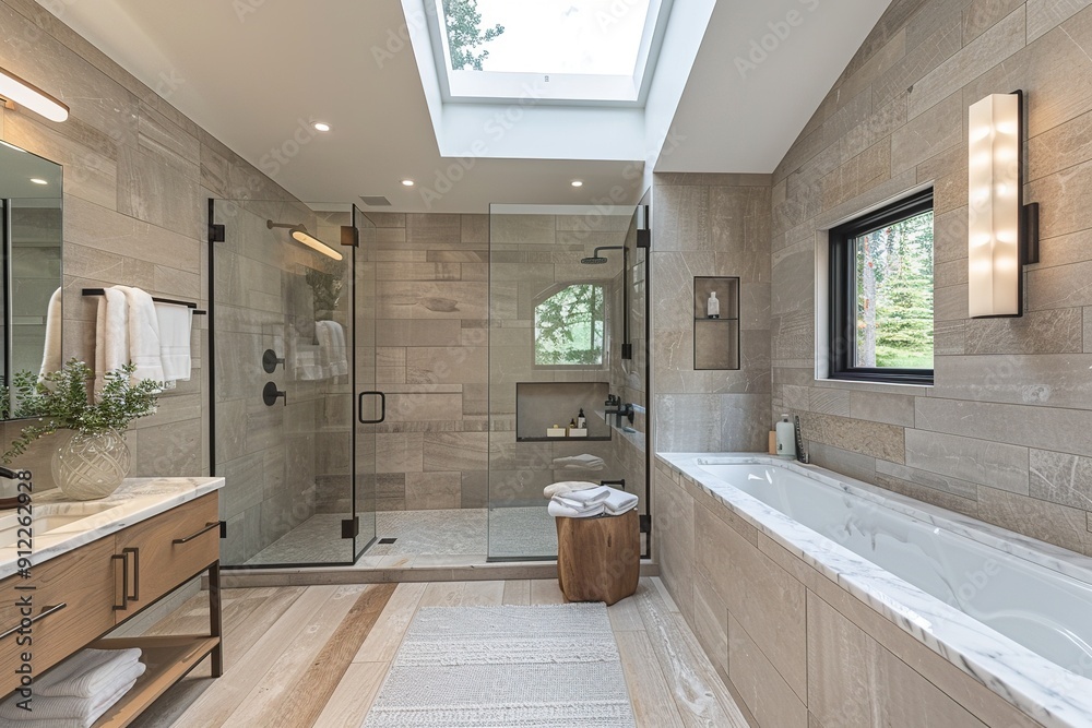 A large bathroom with a glass shower stall and a bathtub A large bathroom with a glass shower stall and a bathtub