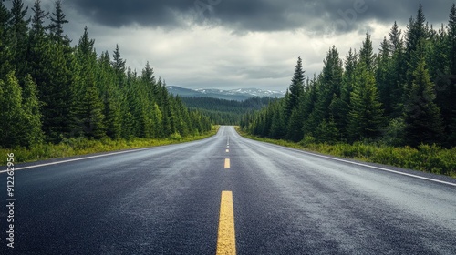 Long stretch of highway bordered by dense pine forest, sense of vastness and solitude