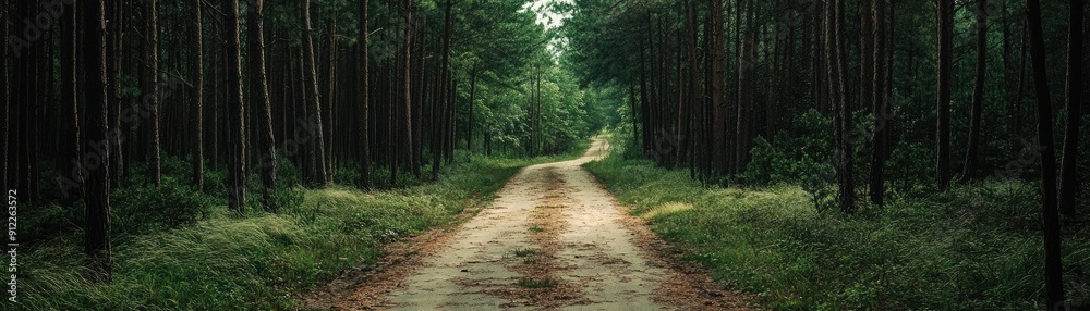 Fototapeta premium Abandoned road in overgrown pine forest, sense of mystery and decay