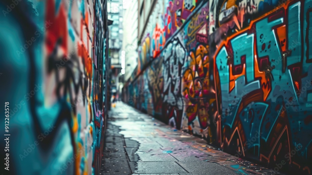 Fototapeta premium A narrow urban alleyway with vibrant street art and colorful graffiti on the walls, perfect for use in cityscape or urban-themed designs