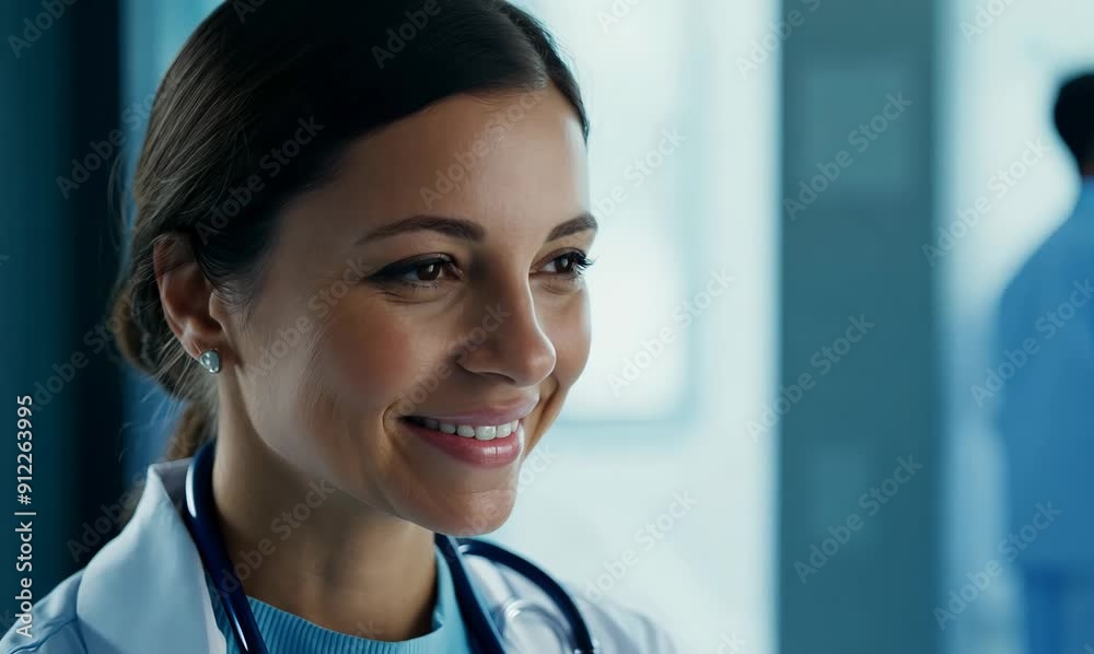 Close-up portrait video of a grinning doctor in her 30s wearing a scrub or lab coat with doctors nurses therapists Close-up portrait video of a grinning doctor in her 30s wearing a scrub or lab coat with doctors nurses therapists